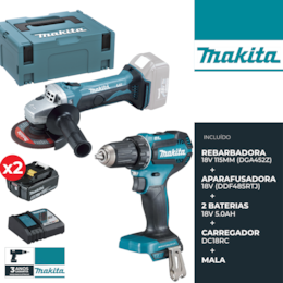 Kit Makita Rebarbadora 18V 115MM (DGA452Z) + Aparafusadora 18V + 2 Baterias 18V 5.0Ah + Carregador + Mala (DDF485RTJ)