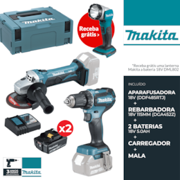 Kit Makita Rebarbadora 18V 115MM (DGA452Z) + Aparafusadora 18V + 2 Baterias 18V 5.0Ah + Carregador + Mala (DDF485RTJ) + OFERTA LANTERNA