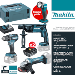 Kit Makita Martelo Perfurador 18V (DHR165Z) + Rebarbadora 18V 115MM (DGA452Z) + Aparafusadora 18V (DDF485RTJ)+ 2 Baterias 18V 5.0Ah + Carregador + Mala + OFERTA LANTERNA