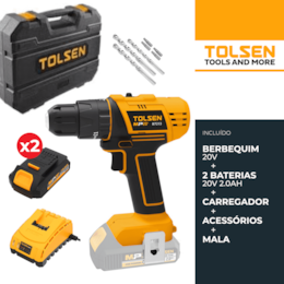 Berbequim Tolsen 20V + 2 Baterias 2.0Ah + Carregador + Acessórios  + Mala