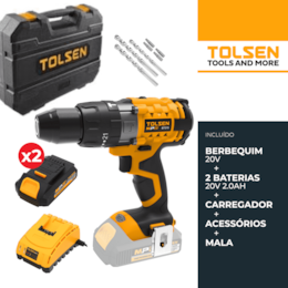 Berbequim Tolsen 20V + 2 Baterias 2.0Ah + Carregador + Acessórios + Mala