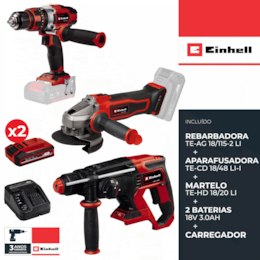 Kit Einhell Rebarbadora TE-AG 18/115-2 Li + Aparafusadora TE-CD 18/48 Li-i + Martelo Perfurador TE-HD 18/20 Li + 2 Baterias 18V 3.0Ah + Carregador