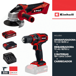 Kit Einhell Aparafusadora TC-CD 18/35 Li + Rebarbadora TC-AG 18/115 Li + 2 Baterias 18V 1.5Ah/ 3.0Ah + Carregador