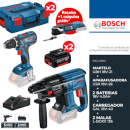 Kit Bosch Martelo Profissional GBH 18V-21 + Aparafusadora GSR 18V-28 + 2 Baterias 18V 4.0Ah + Carregador + Mala (0615990M0R)