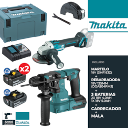 a Kit Makita Rebarbadora 18V 125MM (DGA504RMJ) + Martelo Perfurador 18V (DHR183Z) + 3 Baterias 2x 4.0Ah/1x 5.0Ah + Carregador + Mala