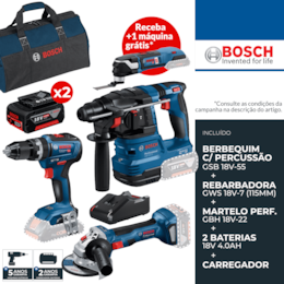 a Kit Bosch Profissional Martelo GBH 18V-22 + Berbequim c/ Percussão GSB 18V-55 + Rebarbadora GWS 18V-7 115MM + 2 Baterias 18V 4.0Ah + Carregador + Mala Lona