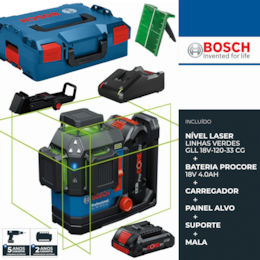 Nível Laser Bosch GLL 18V-120-33 CG + Bateria ProCore 18V 4.0Ah + Carregador + Suporte DK20 + Mala (0601065100)